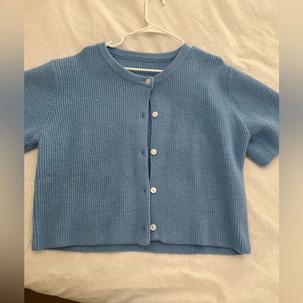 Blue Knit Button-Down Short Sleeve Top